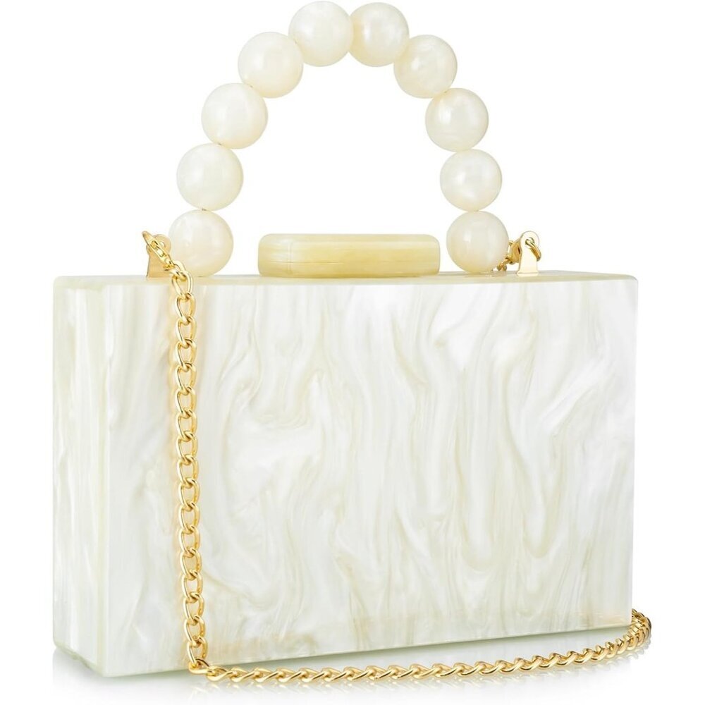 Women's Beige Acrylic Marbling Clasp Closure Formal Wedding Cross Body Clutch